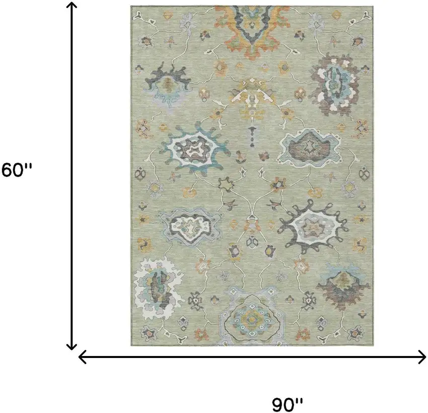 Green And Silver Oriental Washable Indoor Outdoor Area Rug Photo 6
