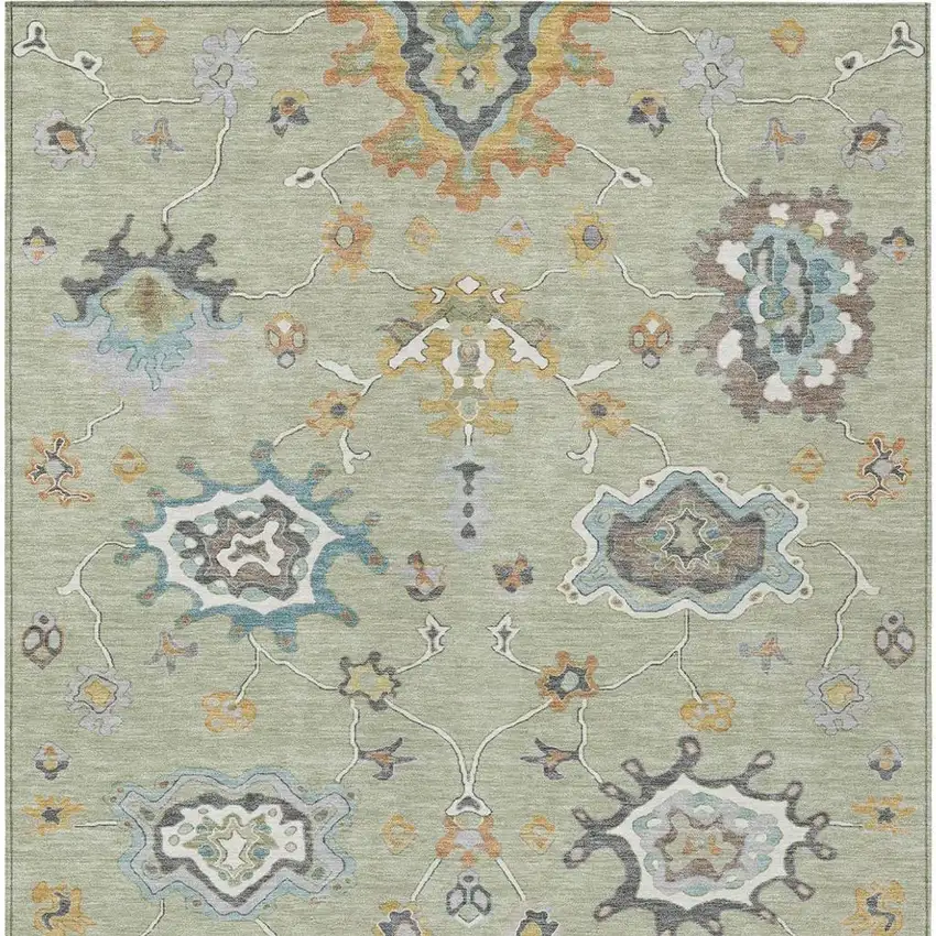 Green And Silver Oriental Washable Indoor Outdoor Area Rug Photo 1