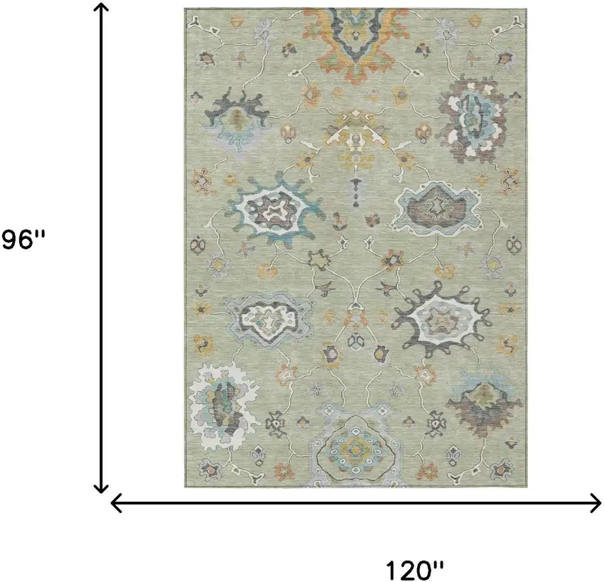 Green And Silver Oriental Washable Indoor Outdoor Area Rug Photo 6