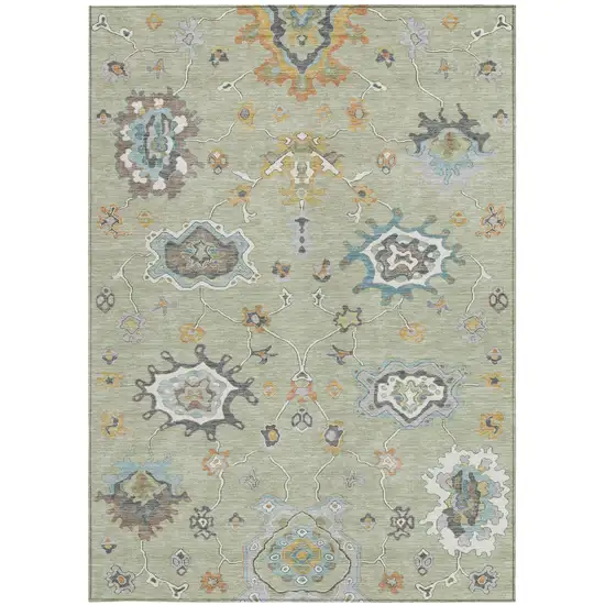 Green And Silver Oriental Washable Indoor Outdoor Area Rug Photo 1