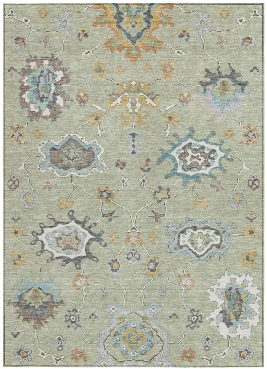 Green And Silver Oriental Washable Indoor Outdoor Area Rug Photo 1