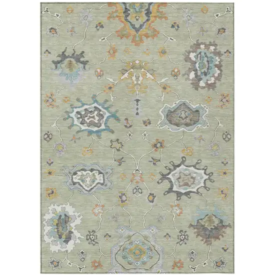 Green And Silver Oriental Washable Indoor Outdoor Area Rug Photo 2