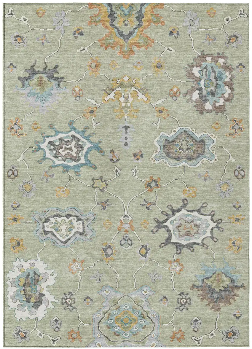 Green And Silver Oriental Washable Indoor Outdoor Area Rug Photo 2