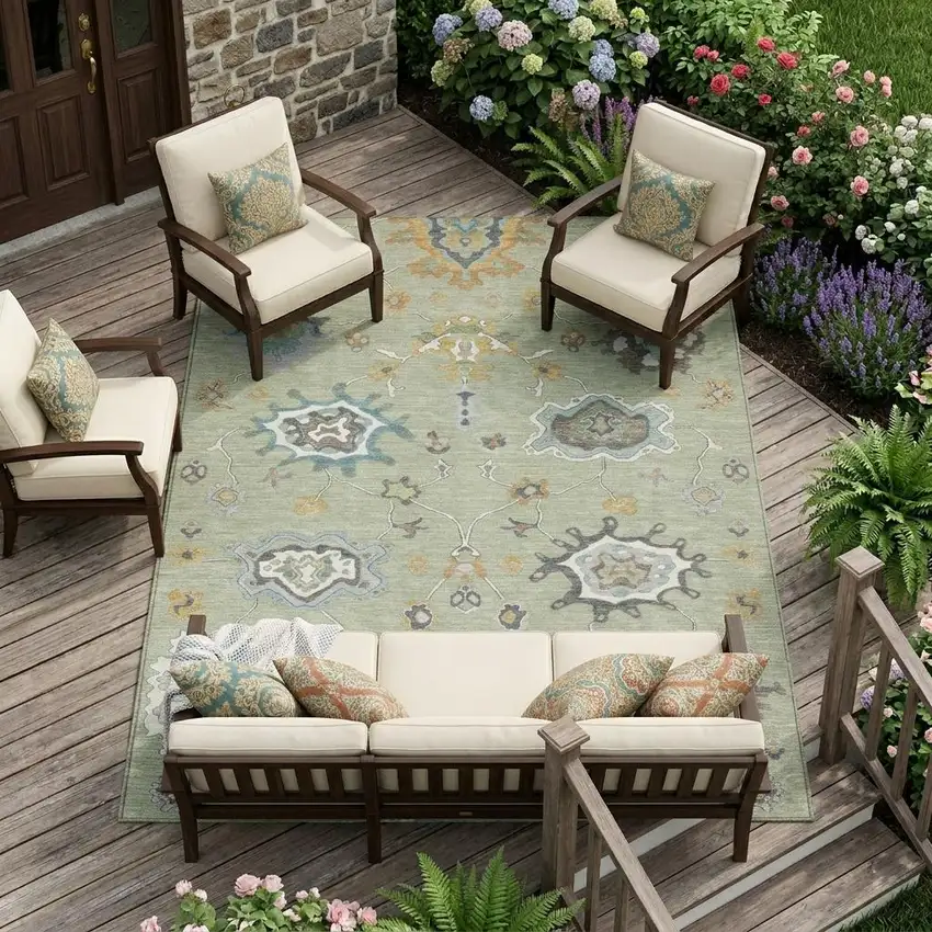 Green And Silver Oriental Washable Indoor Outdoor Area Rug Photo 1