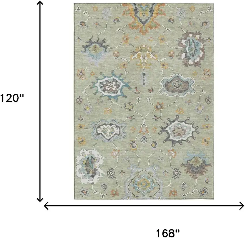 Green And Silver Oriental Washable Indoor Outdoor Area Rug Photo 6