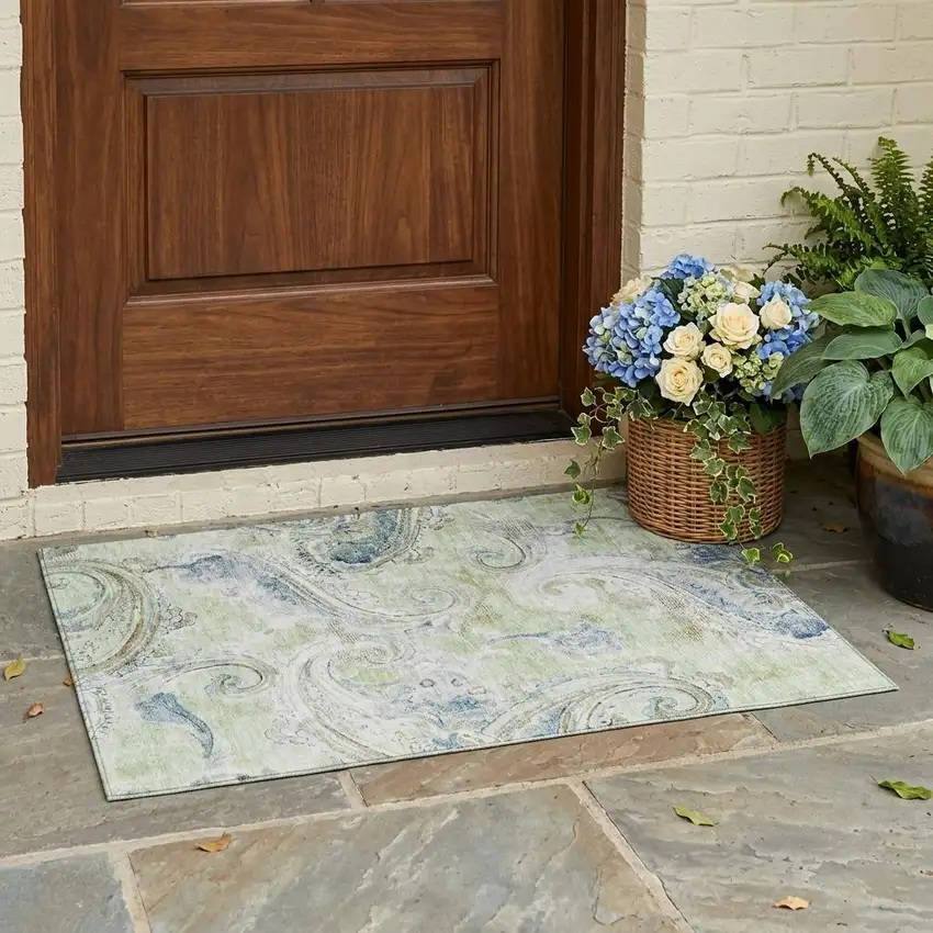 Green And Silver Paisley Washable Indoor Outdoor Area Rug Photo 1