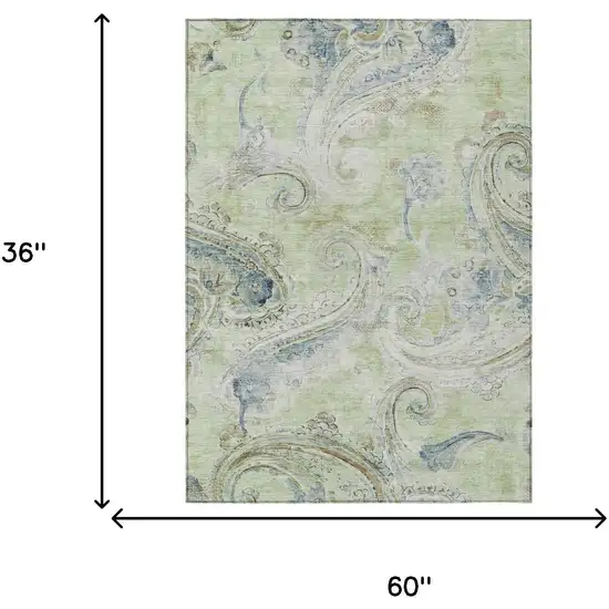 Green And Silver Paisley Washable Indoor Outdoor Area Rug Photo 7