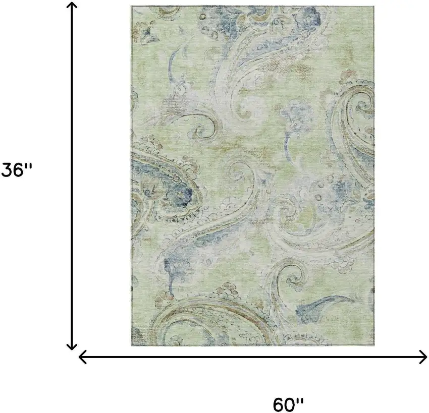 Green And Silver Paisley Washable Indoor Outdoor Area Rug Photo 7