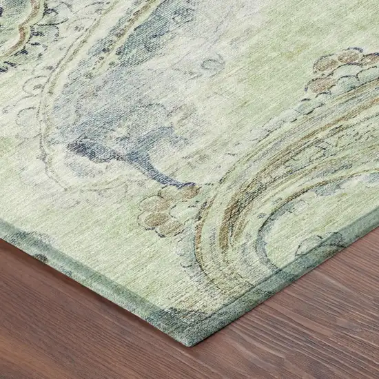 Green And Silver Paisley Washable Indoor Outdoor Area Rug Photo 5