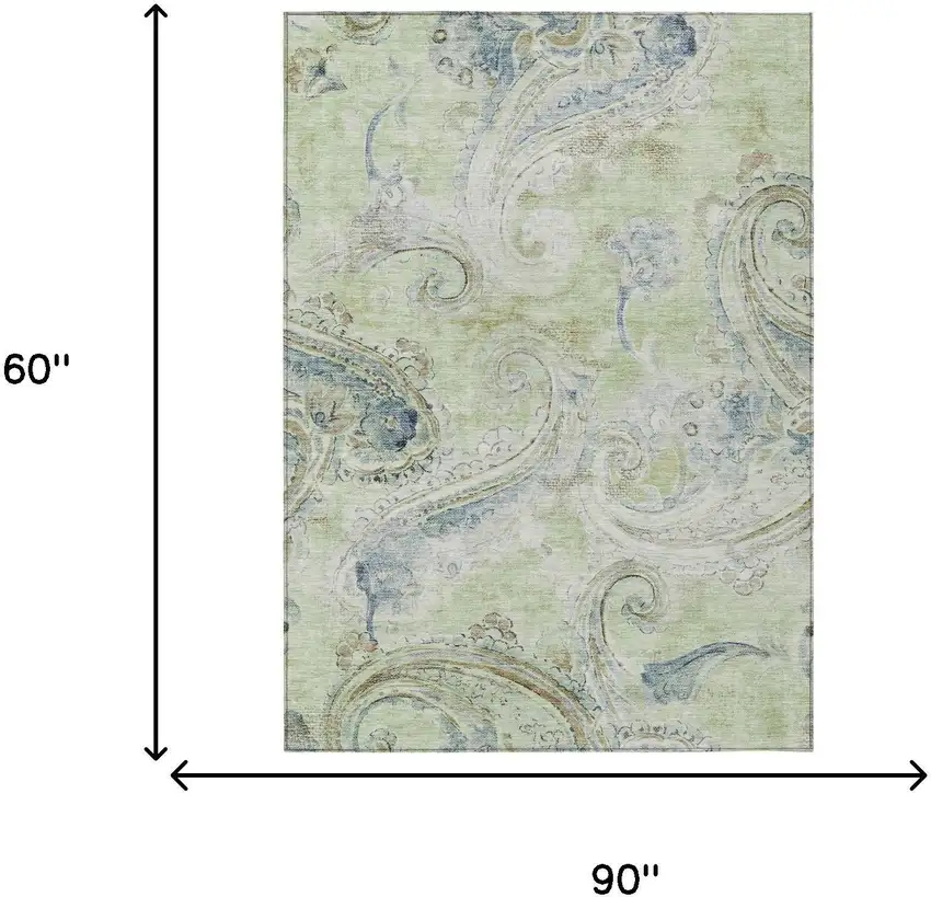 Green And Silver Paisley Washable Indoor Outdoor Area Rug Photo 7