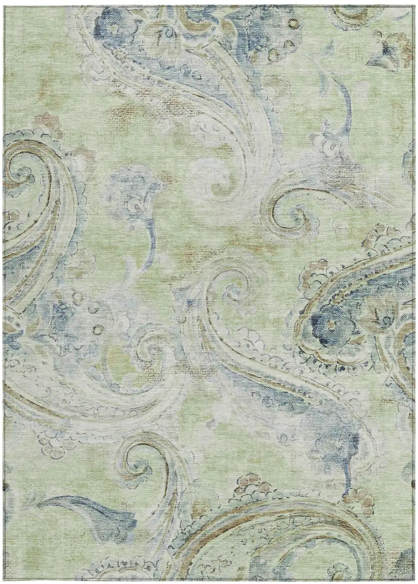 Green And Silver Paisley Washable Indoor Outdoor Area Rug Photo 4