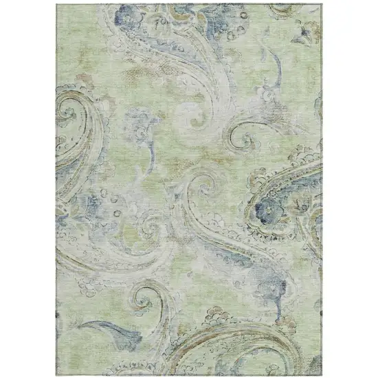 Green And Silver Paisley Washable Indoor Outdoor Area Rug Photo 4
