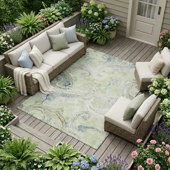 Green And Silver Paisley Washable Indoor Outdoor Area Rug Photo 1