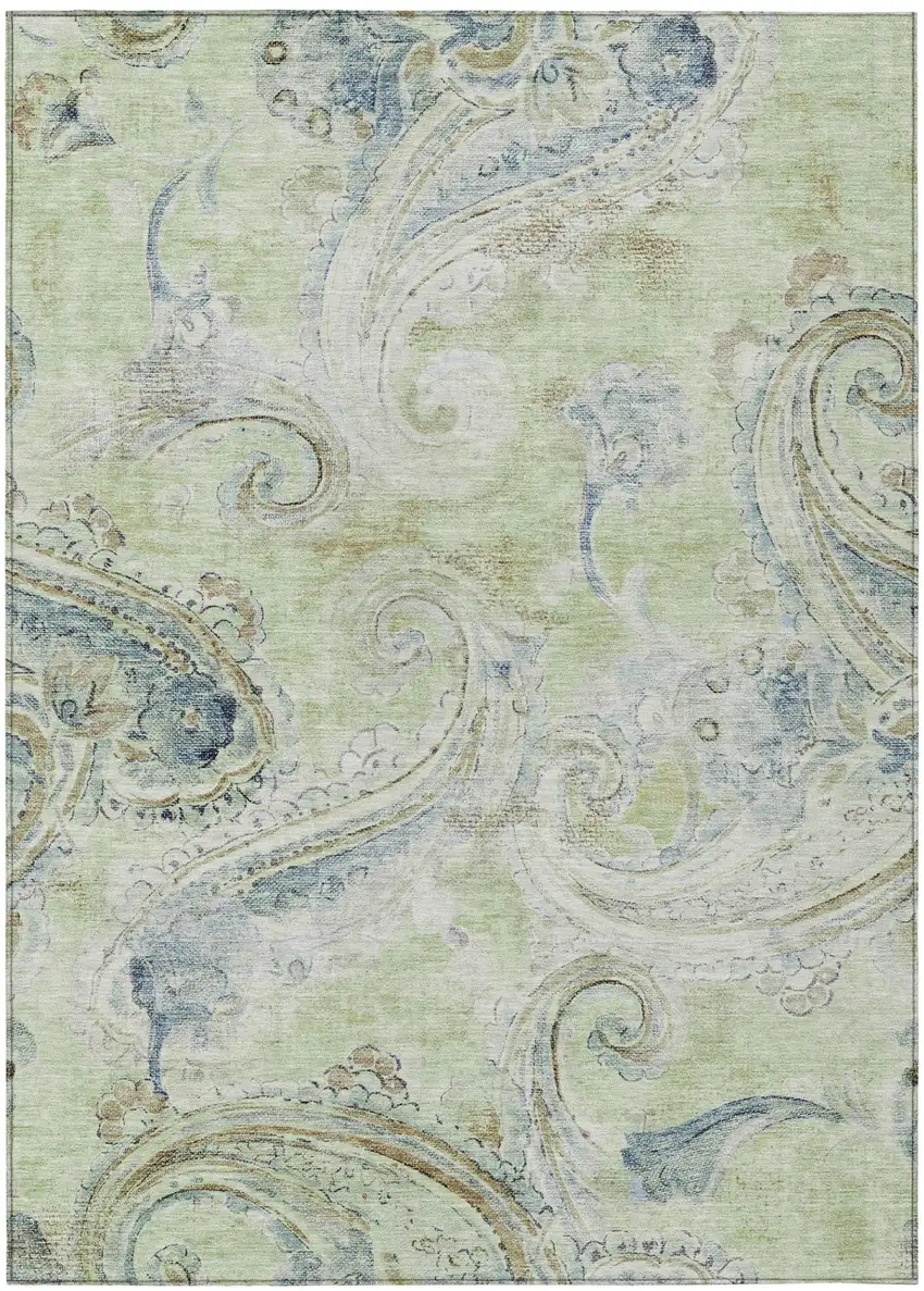 Green And Silver Paisley Washable Indoor Outdoor Area Rug Photo 2