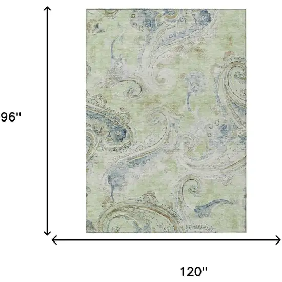 Green And Silver Paisley Washable Indoor Outdoor Area Rug Photo 7