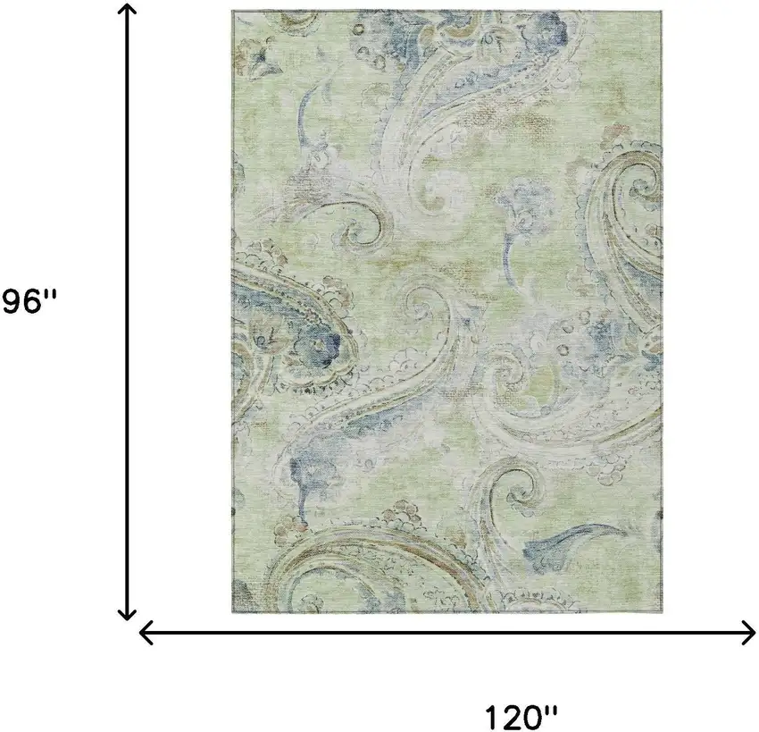 Green And Silver Paisley Washable Indoor Outdoor Area Rug Photo 7