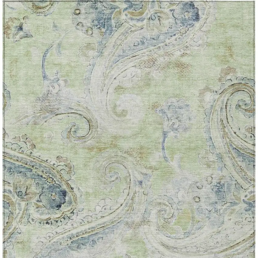 Green And Silver Paisley Washable Indoor Outdoor Area Rug Photo 4