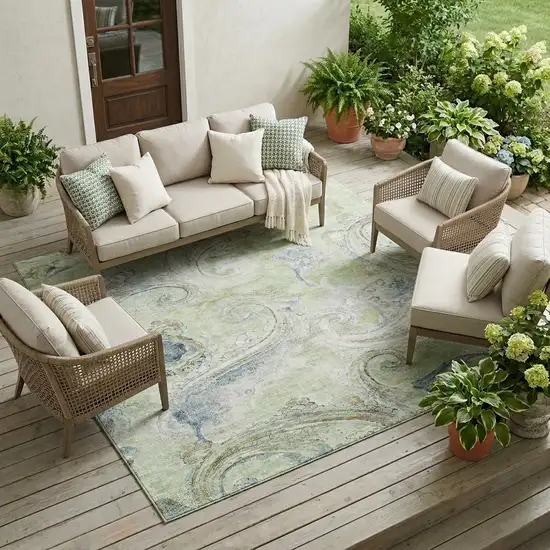 Green And Silver Paisley Washable Indoor Outdoor Area Rug Photo 1