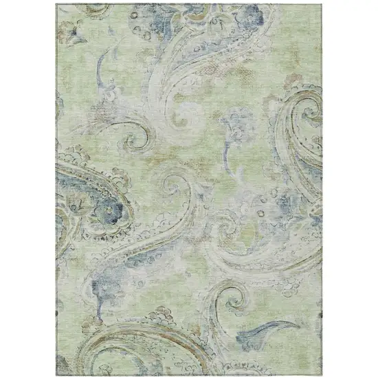 Green And Silver Paisley Washable Indoor Outdoor Area Rug Photo 2