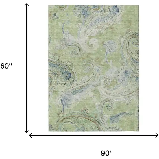 Green And Silver Paisley Washable Indoor Outdoor Area Rug Photo 7