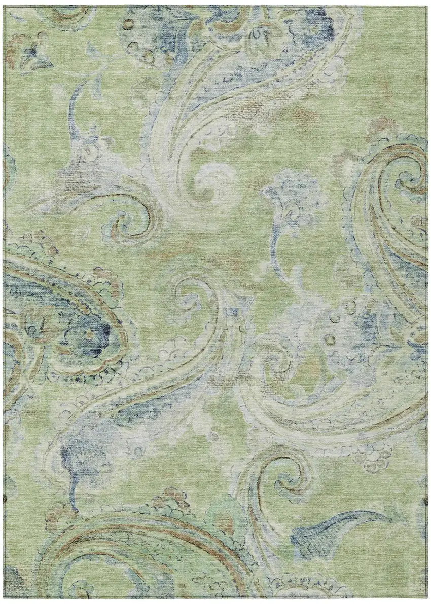 Green And Silver Paisley Washable Indoor Outdoor Area Rug Photo 2