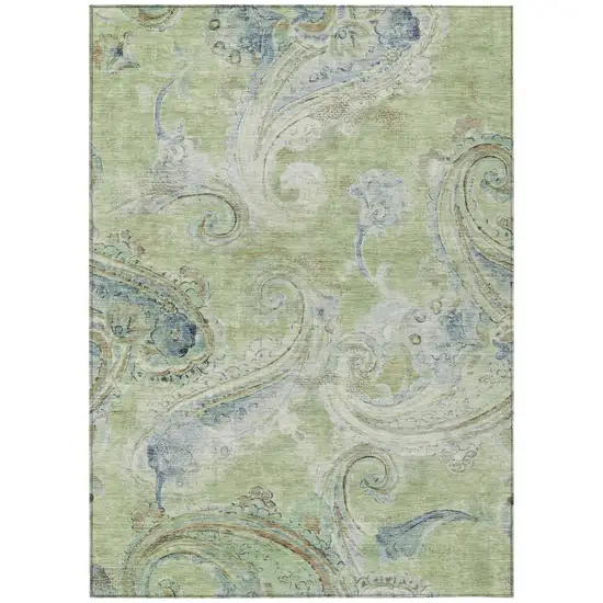 Green And Silver Paisley Washable Indoor Outdoor Area Rug Photo 2