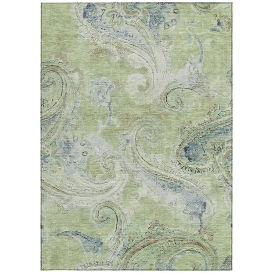 Green And Silver Paisley Washable Indoor Outdoor Area Rug Photo 4