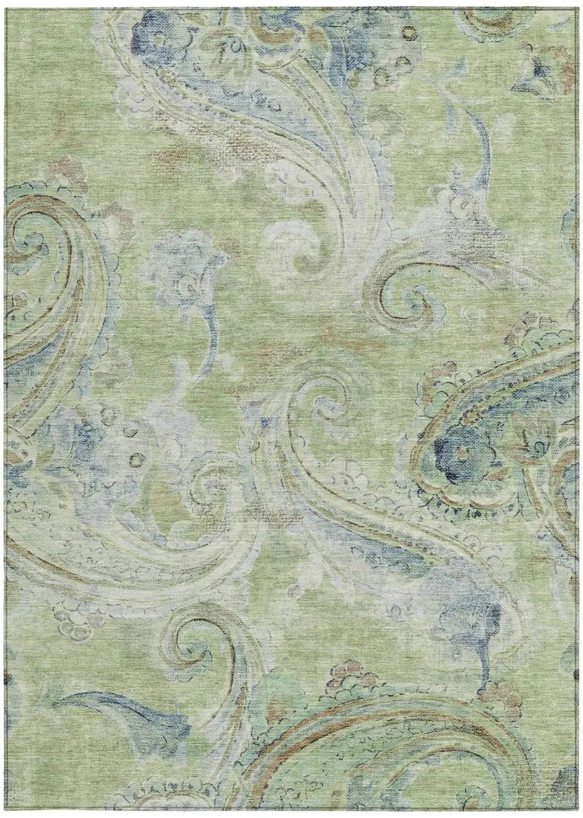Green And Silver Paisley Washable Indoor Outdoor Area Rug Photo 4
