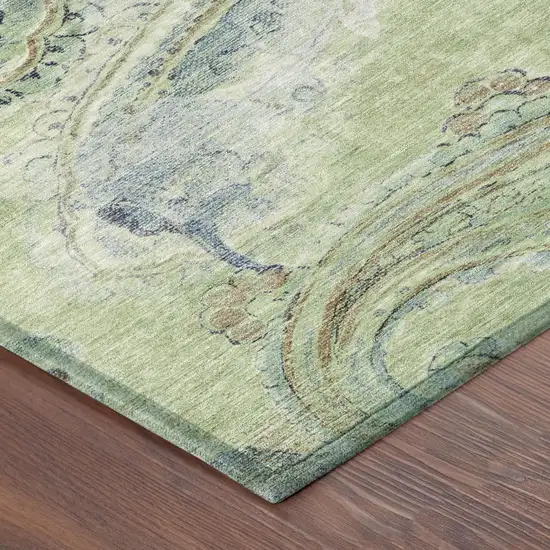 Green And Silver Paisley Washable Indoor Outdoor Area Rug Photo 5