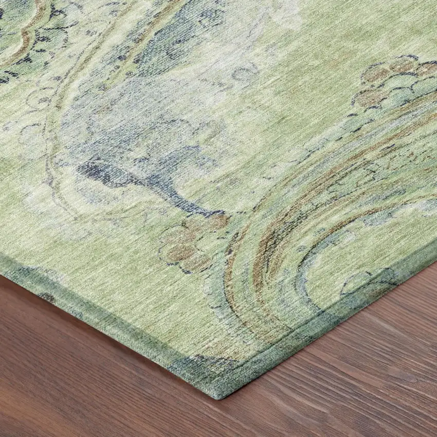 Green And Silver Paisley Washable Indoor Outdoor Area Rug Photo 5