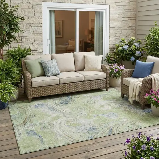 Green And Silver Paisley Washable Indoor Outdoor Area Rug Photo 1