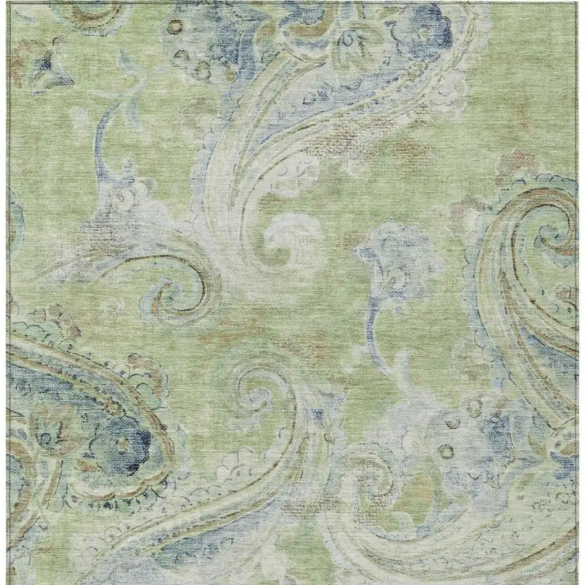 Green And Silver Paisley Washable Indoor Outdoor Area Rug Photo 4