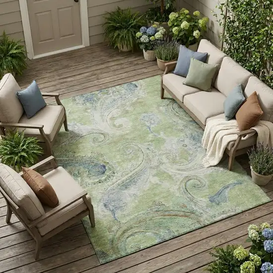 Green And Silver Paisley Washable Indoor Outdoor Area Rug Photo 1