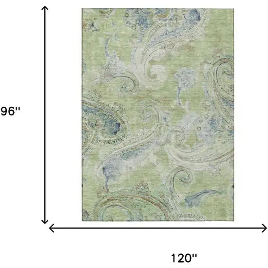 Green And Silver Paisley Washable Indoor Outdoor Area Rug Photo 7