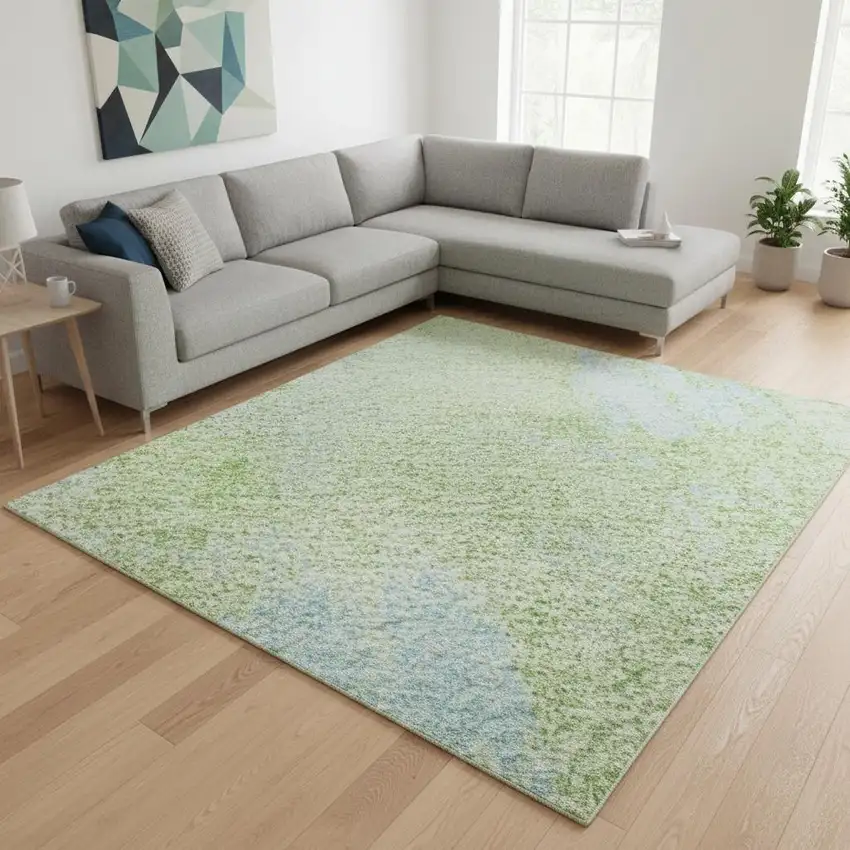 Green And Sky Blue Abstract Washable Area Rug With UV Protection Photo 2
