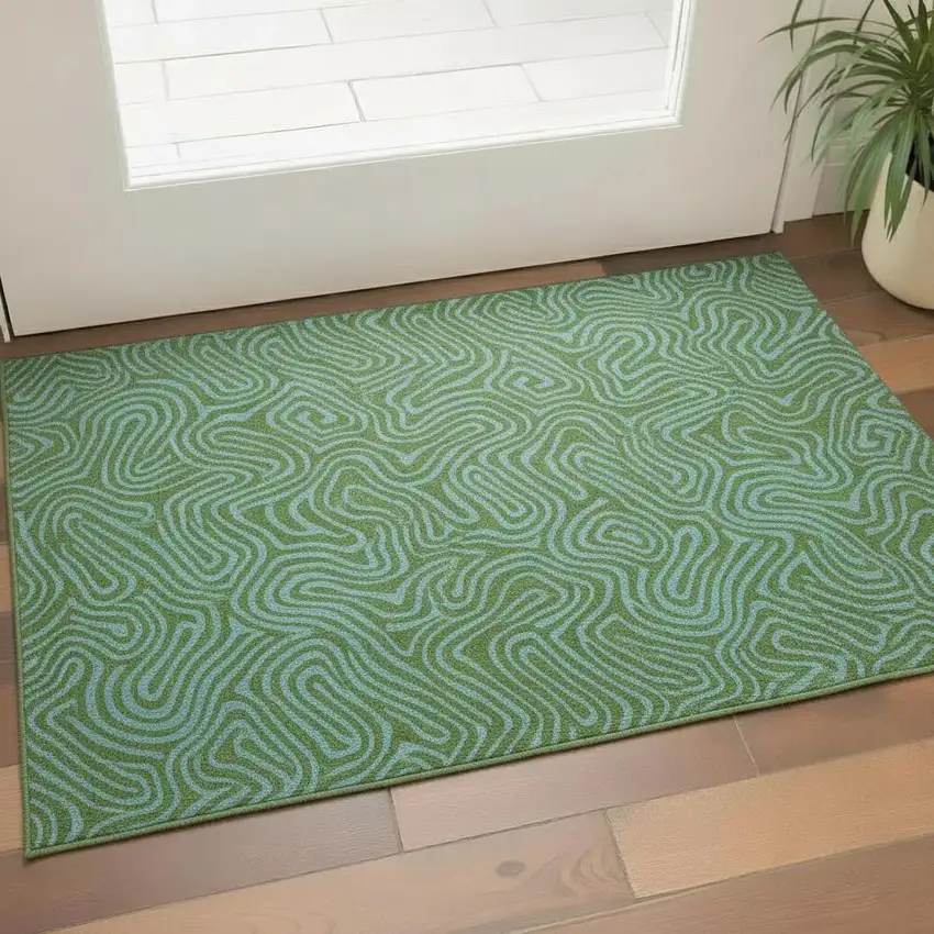 Green And Sky Blue Abstract Washable Area Rug With UV Protection Photo 2
