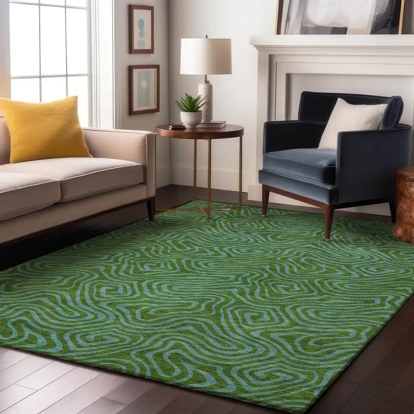 Green And Sky Blue Abstract Washable Area Rug With UV Protection Photo 3