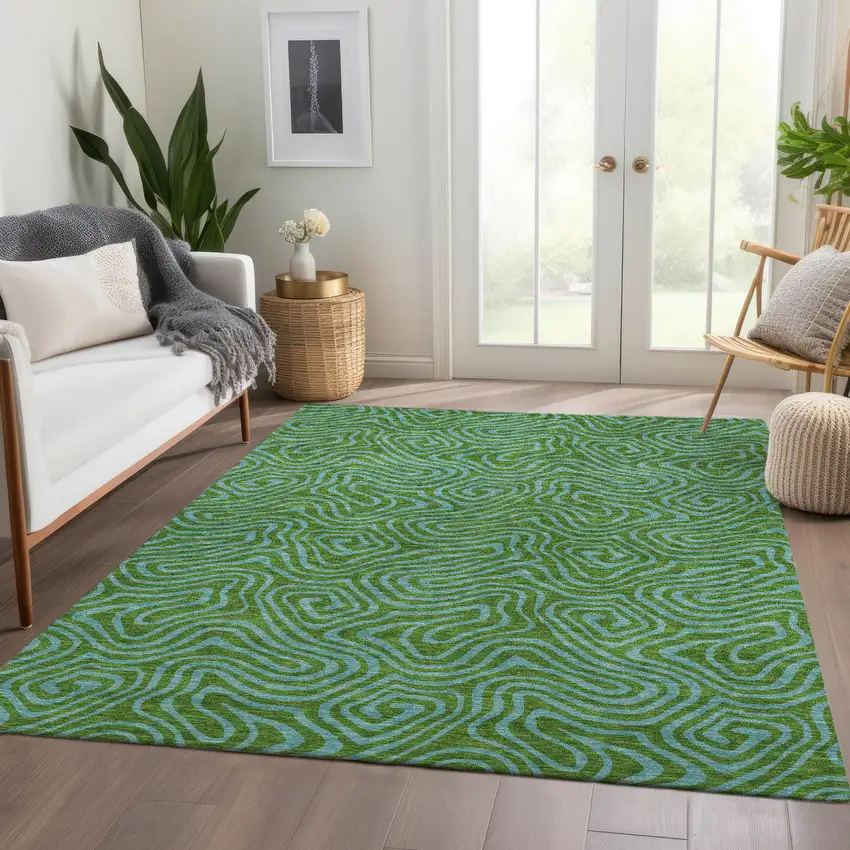 Green And Sky Blue Abstract Washable Area Rug With UV Protection Photo 4