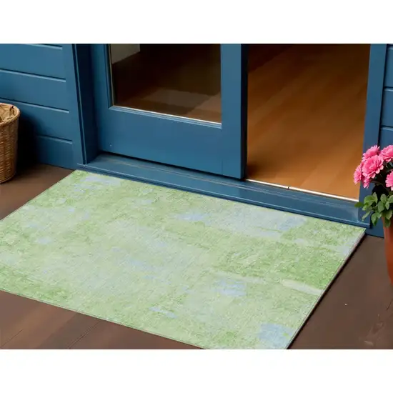 Green And Sky Blue Abstract Washable Indoor Outdoor Area Rug Photo 1