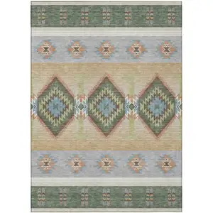Photo of Green And Tan Southwestern Washable Indoor Outdoor Area Rug