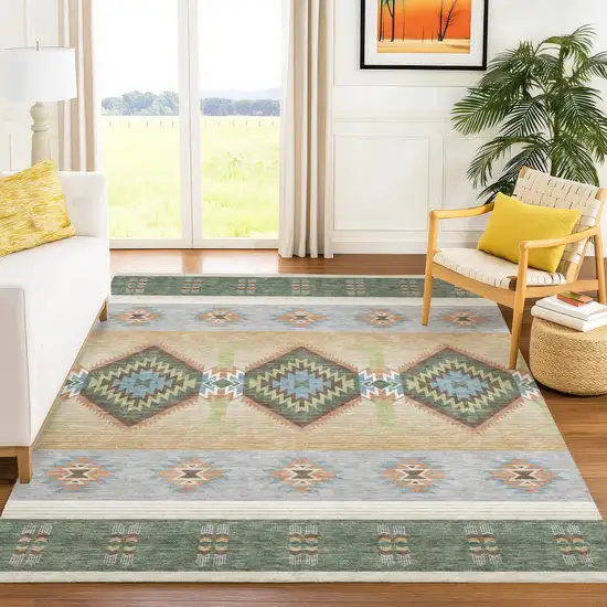 Green And Tan Southwestern Washable Indoor Outdoor Area Rug Photo 6
