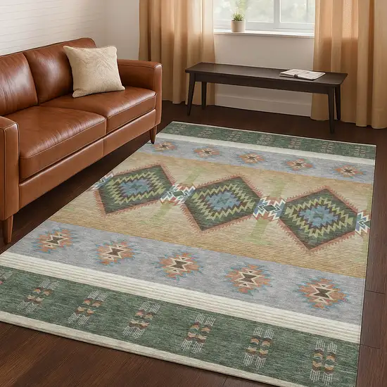 Green And Tan Southwestern Washable Indoor Outdoor Area Rug Photo 5