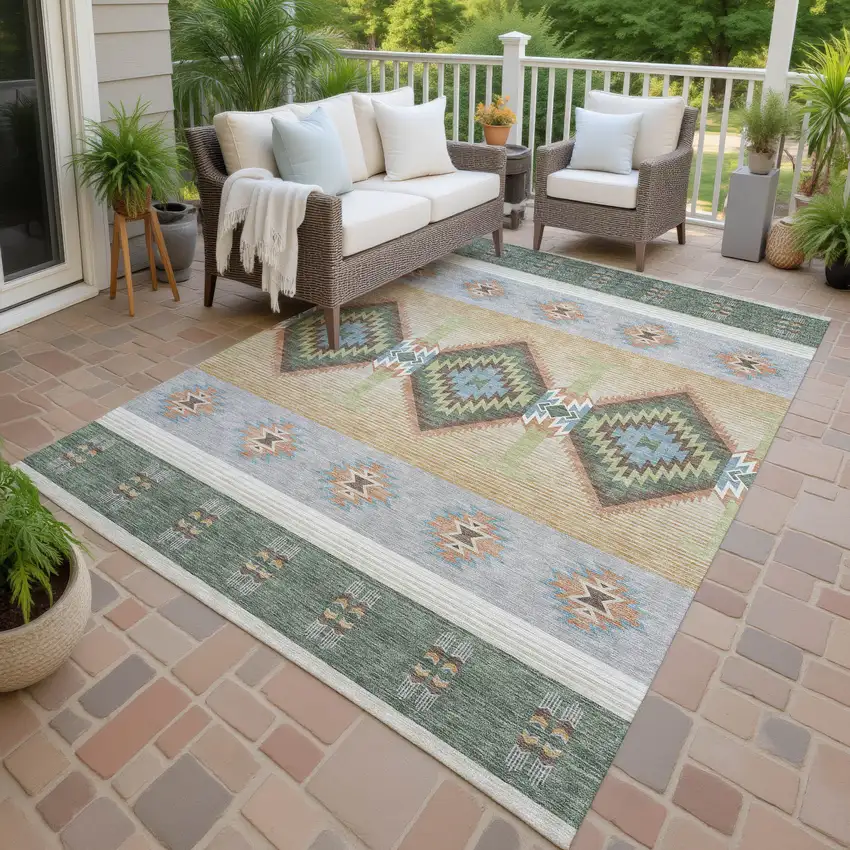 Green And Tan Southwestern Washable Indoor Outdoor Area Rug Photo 4