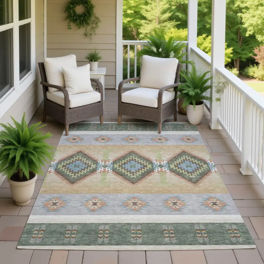 Green And Tan Southwestern Washable Indoor Outdoor Area Rug Photo 7
