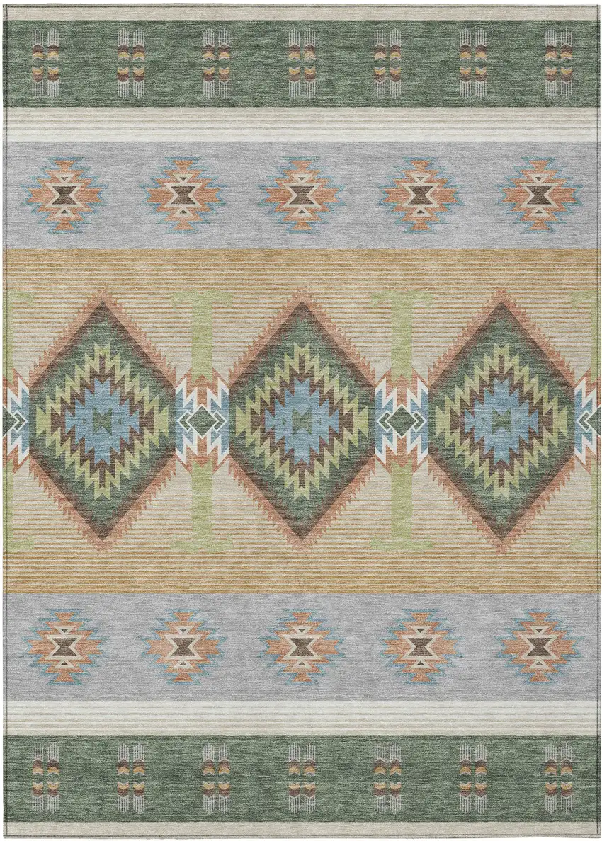 Green And Tan Southwestern Washable Indoor Outdoor Area Rug Photo 1