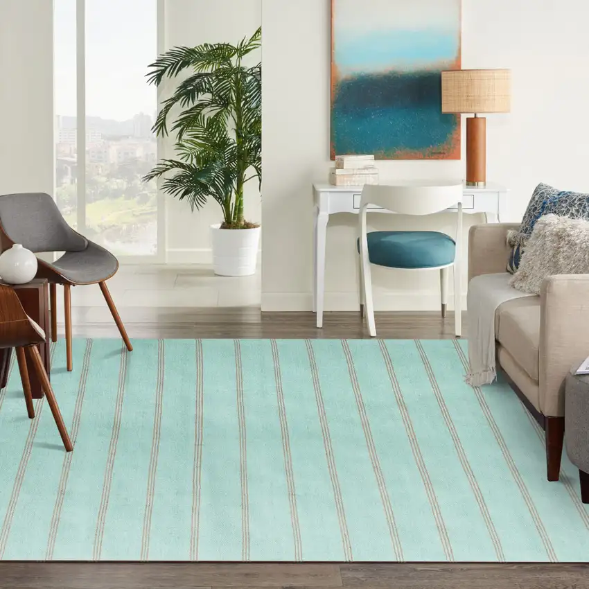 Green And Tan Striped Hand Woven Square Rug Photo 7