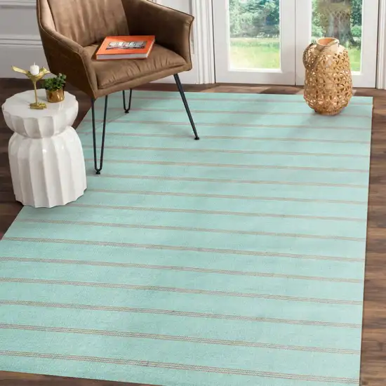 Green And Tan Striped Hand Woven Square Rug Photo 6