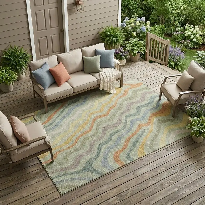 Green And Taupe Abstract Washable Indoor Outdoor Area Rug Photo 1