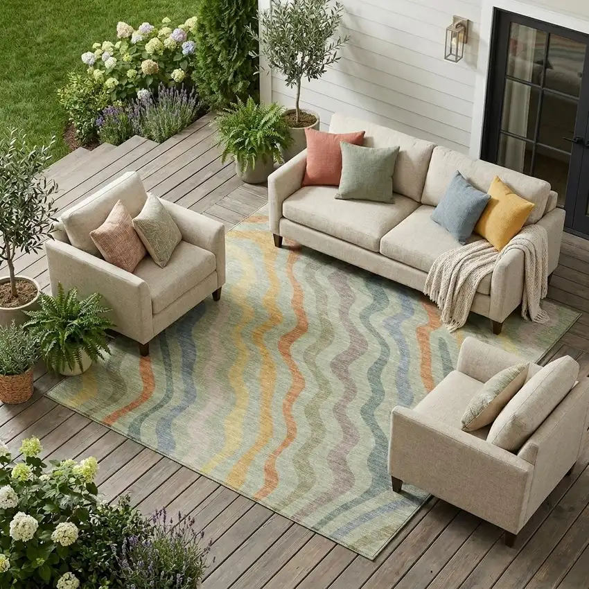 Green And Taupe Abstract Washable Indoor Outdoor Area Rug Photo 1