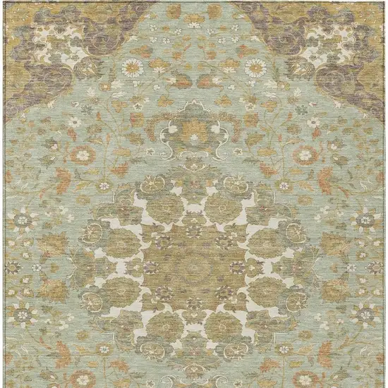 Green And Taupe Damask Washable Indoor Outdoor Area Rug Photo 3